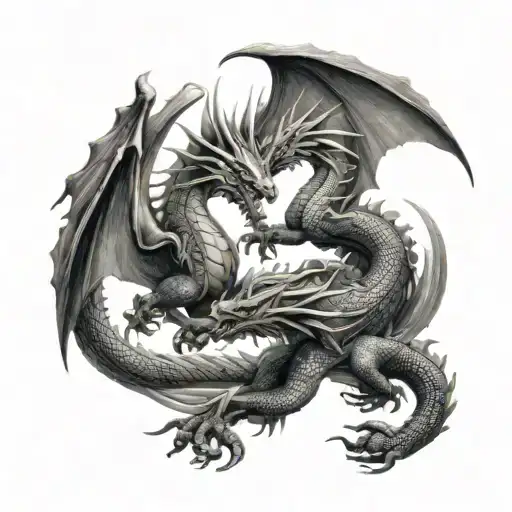 Two Dragons One Black The Other One Grey Fighting Each Other Realistic