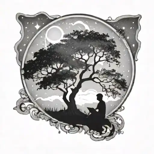 A Celestial Map Of The Night Sky With A Silhouette Of A Student Studying Under A Tree