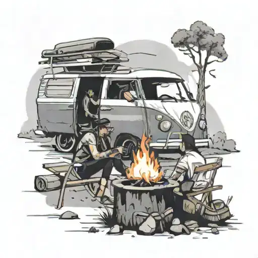 A Man And Woman Sat At A Camp Fire With A Vw Camper In The Background
