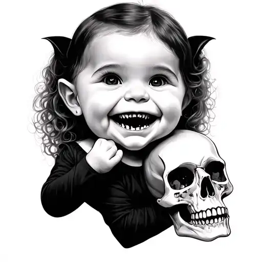 Baby Girl Smiling Big With Vampire Teeth Holding A Skull