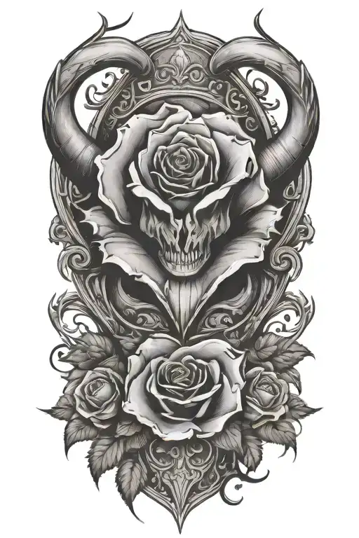 Single Rose Growing Out Of Medieval Knight Helmet With Bull's Horns