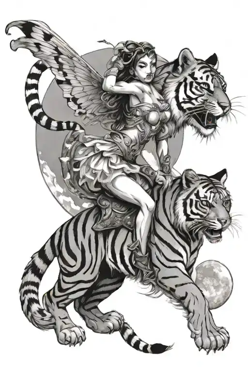 A Mystical Fairy Riding On The Back Of A Majestic Tiger Under The Light Of A Full Moon