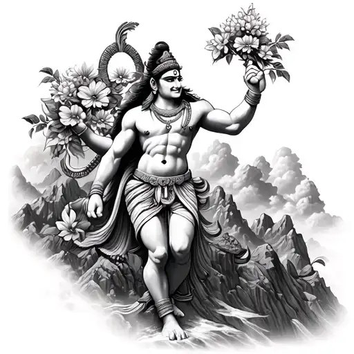 Hanuman Carrying The Mountain With Flowers In Gre Mythologie