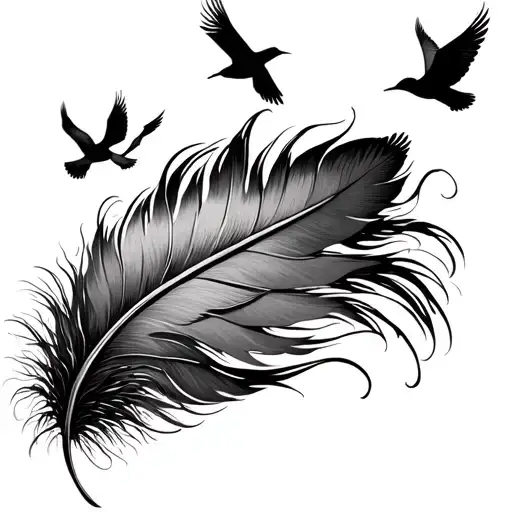 Feather Tattoo With Birds Flying From Top Of It And A Tree Behind It