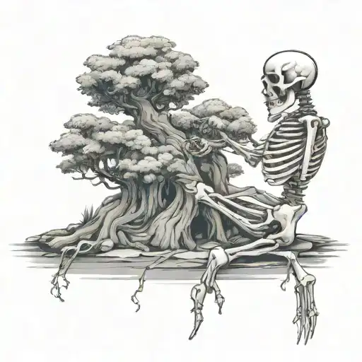 A Skeleton In A Squat Cutting A Bonsai Tree Growing