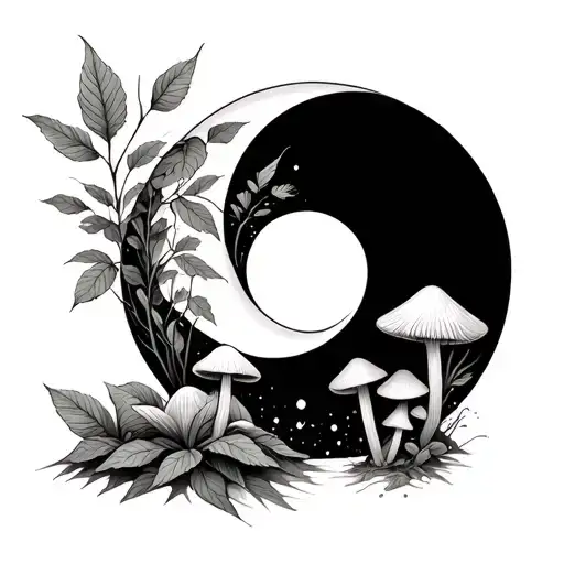 Yin And Yang With Nature And Little Mushrooms