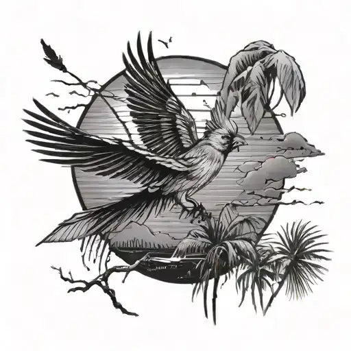 A Cardinal Flying Over A Small Corn Feild Surrounded By Palm Trees In A Lightening Storm