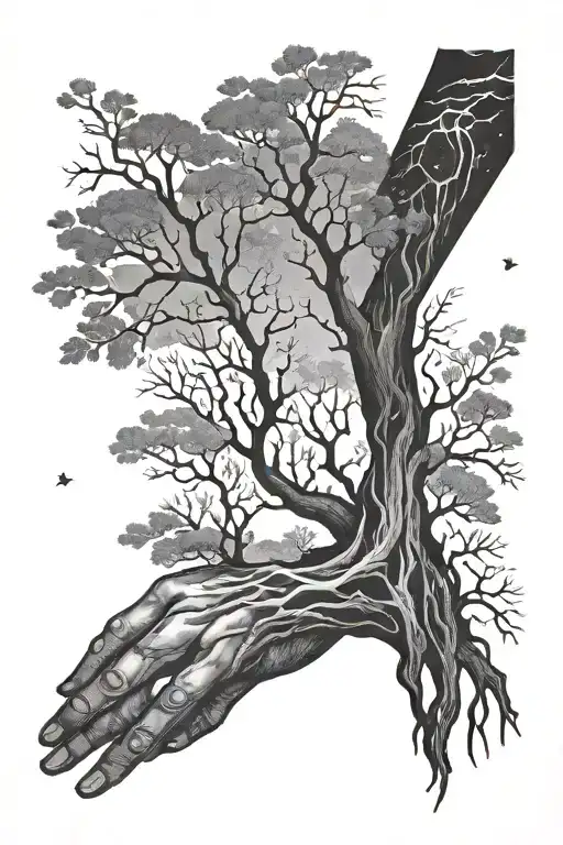 Dark Aurora Borealis Constellation With Trees And Roots Onto Hand