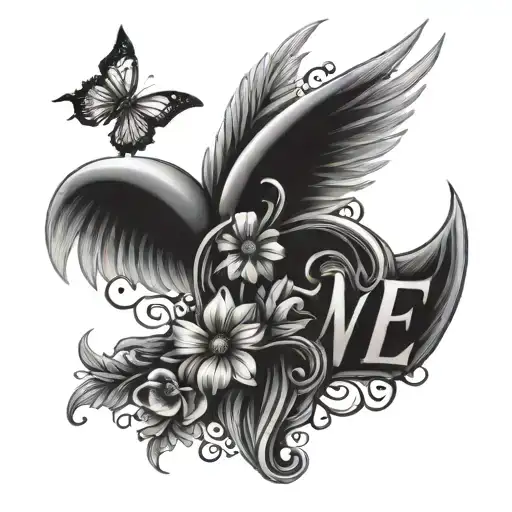 In Rememberance Tattoo Featuring The Letter E With Butterflies And Angel Wings