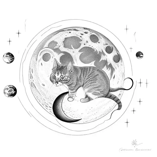 Cat Sits On The Moon Flowers Entwine Around The Moon From Behind