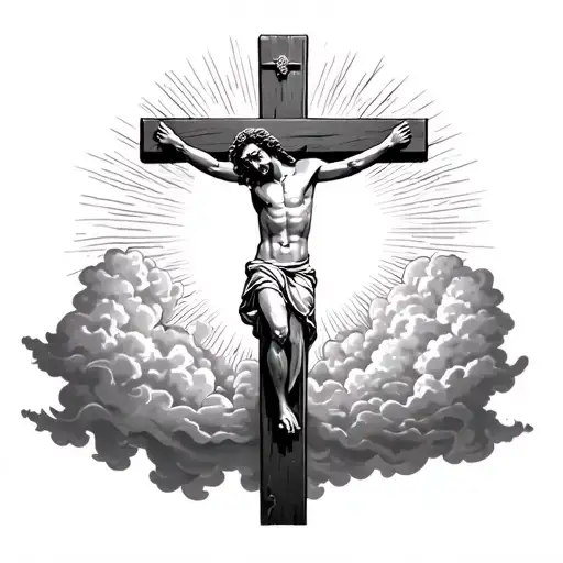 Sun Shining Through Clouds Into Sillouhette Of Jesus On The Cross