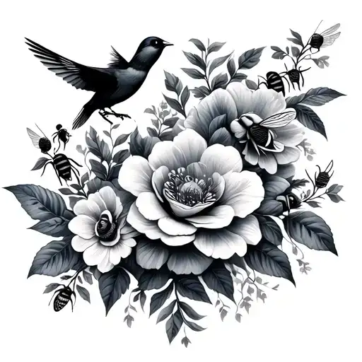 Floral Birds And Bees Flying