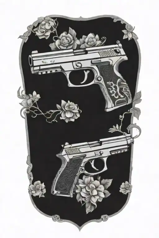 P99 Walther Pistol With Smoke Coming Out Of The Barell Lying In Flowers