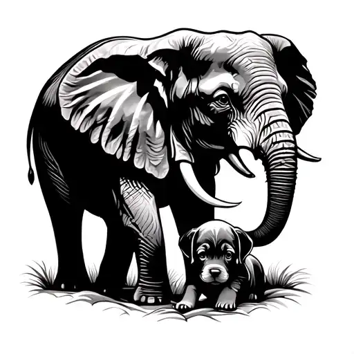 Elephant And Puppy Under The Sun