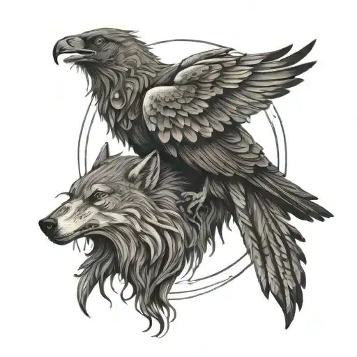 Wolf Raven Totem With Man Kneeling In Front Of It