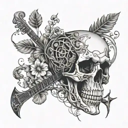 A Skull With Guitar Strings And Musical Notes Intertwined With Plants And Bones