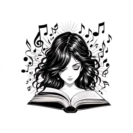 Women's Face Profile Holding Open Book Surrounded Bij Musicnotes