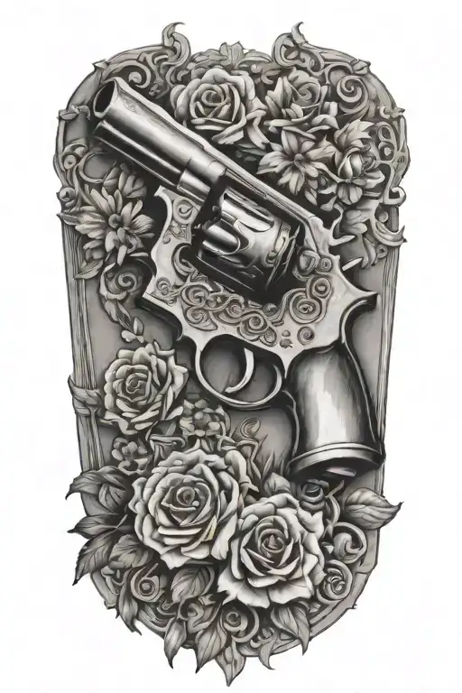 Pistol With Smoke Coming Out Of The Barell Lying In Flowers