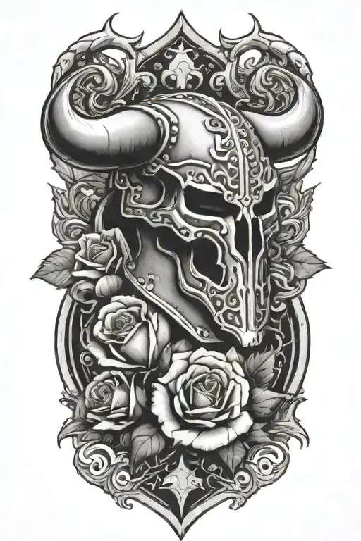 Single Rose Growing Out Of Medieval Knight Helmet With Bull's Horns
