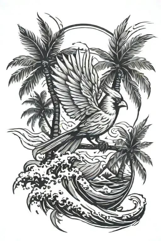 Fierce Cardinal Flying Palm Trees And Waves