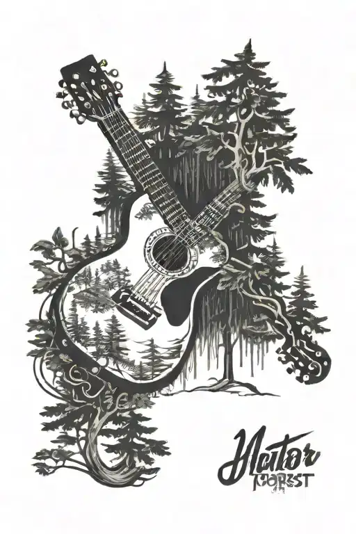 Evergreen Forest In Shape Of Guitar Shaded