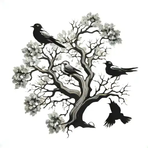 Tree With 3 Birds And 1 Flying Away