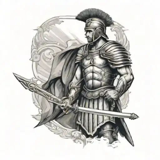 A Standing Roman Soldier Holding A Sword In His Left Hand And A Shield In His Right Hand