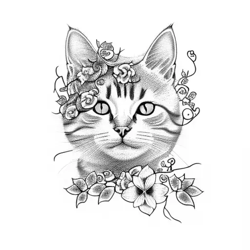 Cat With Vine And Flowers