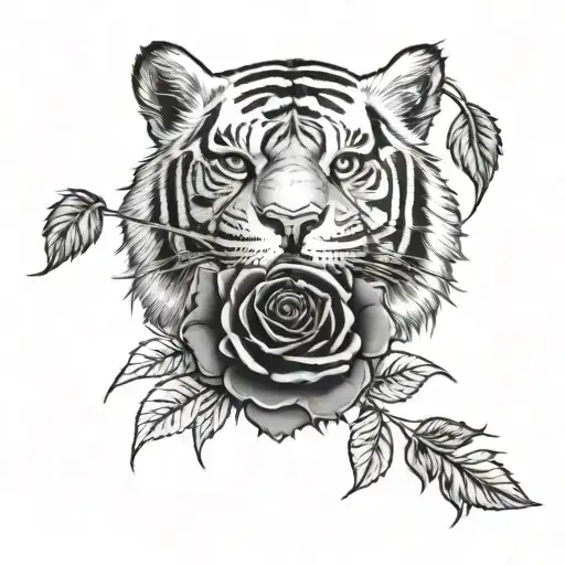 A Tiger Holding A Rose Through The Stem In The Mouth With Sun Behind The Tiger