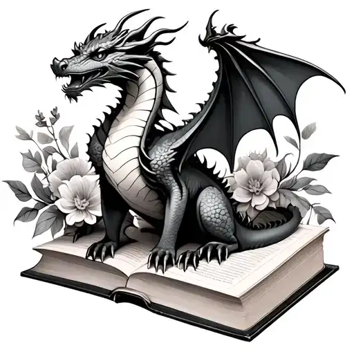 Dragon Sitting On A Book Surrounded By Bold Floral