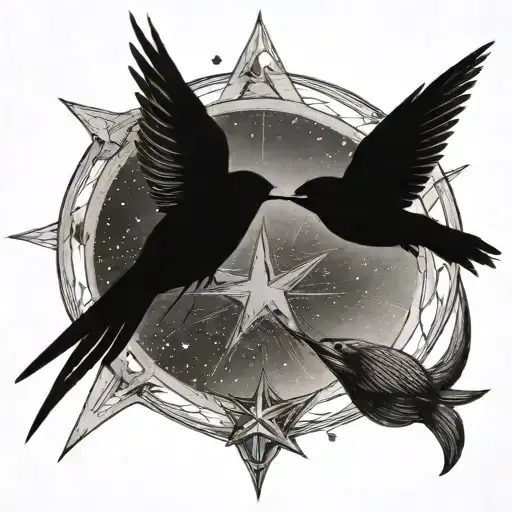 Two Black Swallow Birds Facing A Star In The Middle