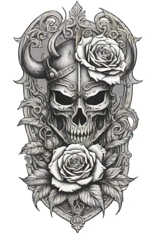 Single Rose Growing Out Of Medieval Knight Helmet With Bull's Horns