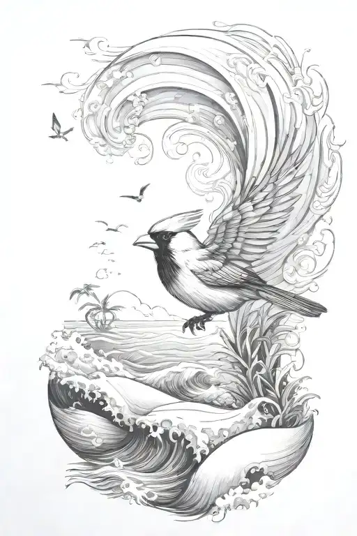 Ocean Waves With A Cardinal Flying And Dark And A Palm Tree On A Beach