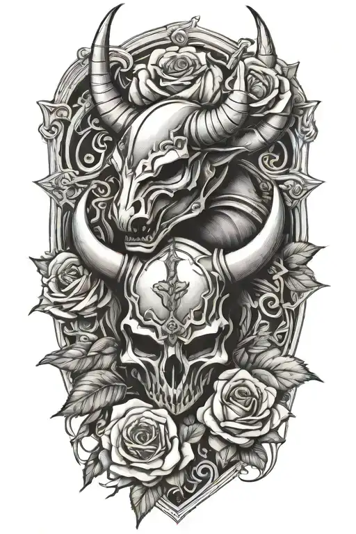 Single Rose Growing Out Of Knight Helmet With Bull's Horns