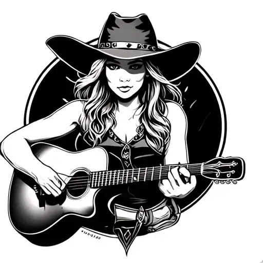 Cowgirl Playing Guitar American Traditional Style