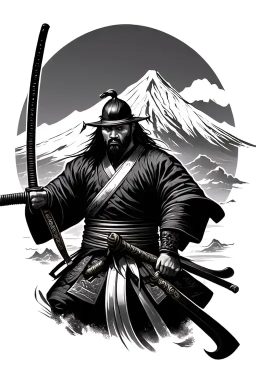 Japanese Ronin Wielding A Katana With Mount Fuji In The Background