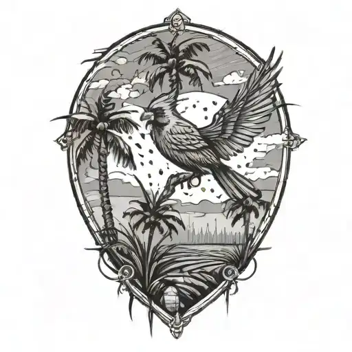 A Cardinal Flying Over A Small Corn Feild Surrounded By Palm Trees In A Lightening Storm