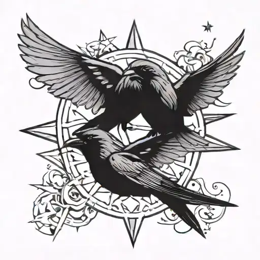 Two Plain Black Swallow Birds Facing A Star In The Middle