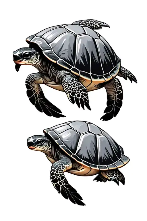 Daddy Turtle And Baby Turtle Swimming