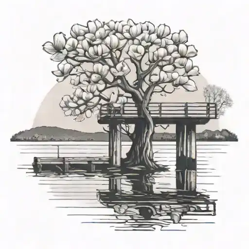 Pier With Water And Magnolia Tree