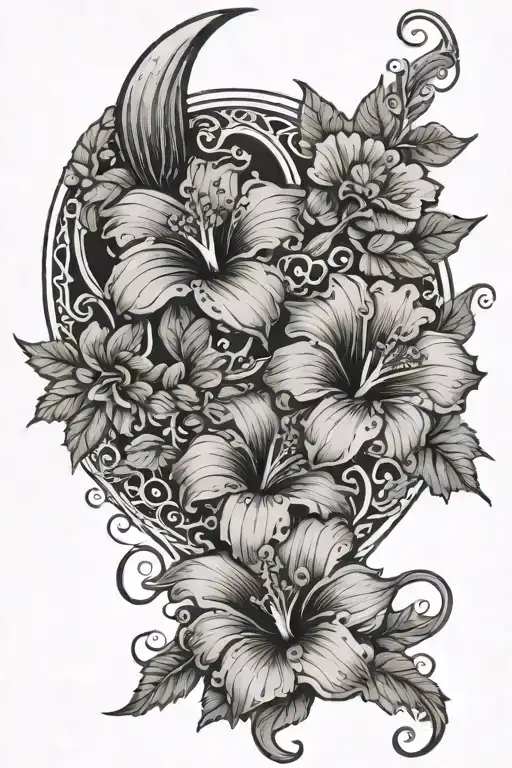 Large Crescent Moon Surrounded By Smaller Hibiscus Flowers