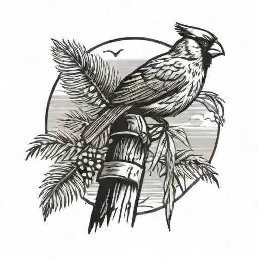 A Farmer Harvesting Crops With A Palm Tree In The Background And A Cardinal Resting On A Fence Post