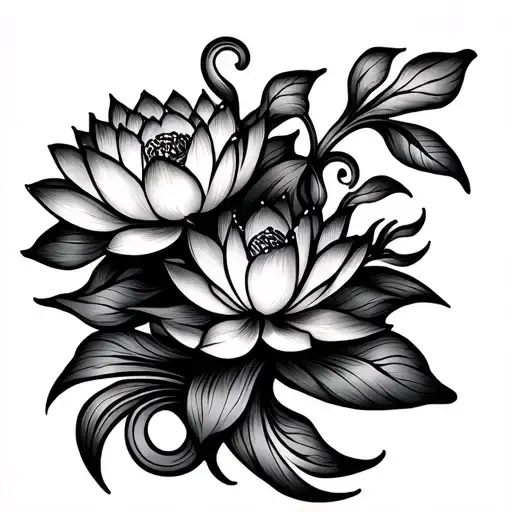 Line Work Egyptian Lotus Flowers With Swirly Stems