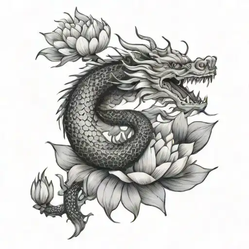 Vietnamese Dragon And Lotus Flower With Bamboos In The Background