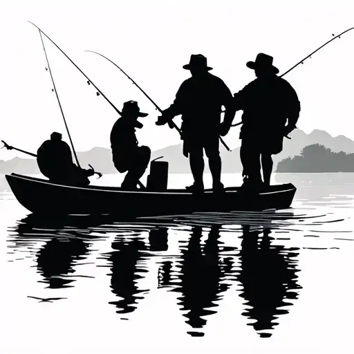 3 Men Fishing On A Boat Silhouette On A Lake
