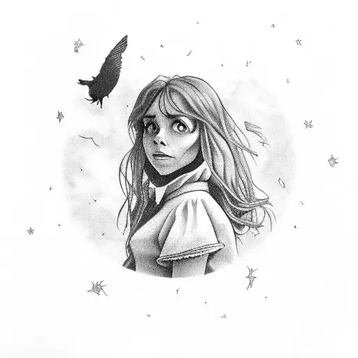 Alice In Wonderland Flying Hand In Hand With Hermione Granger With The Sky As Background