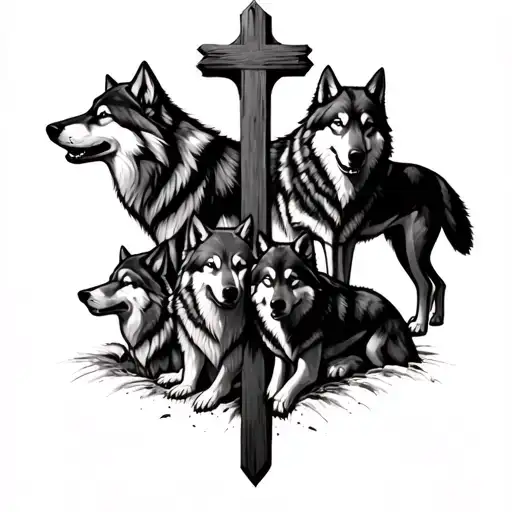 Cross With 4 Male Wolves And 2 Female Wolves