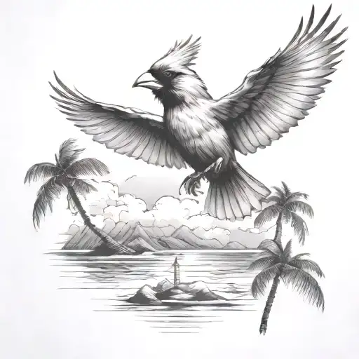 Flying Cardinal To The Ocean And Palm Tree