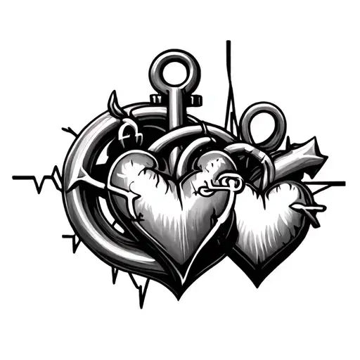 Two Different Heart Beats Connected By A Heart With A Anchor Around It