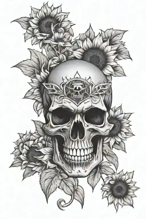 Skull Front View With Sunflower Coming From Eye And Bee